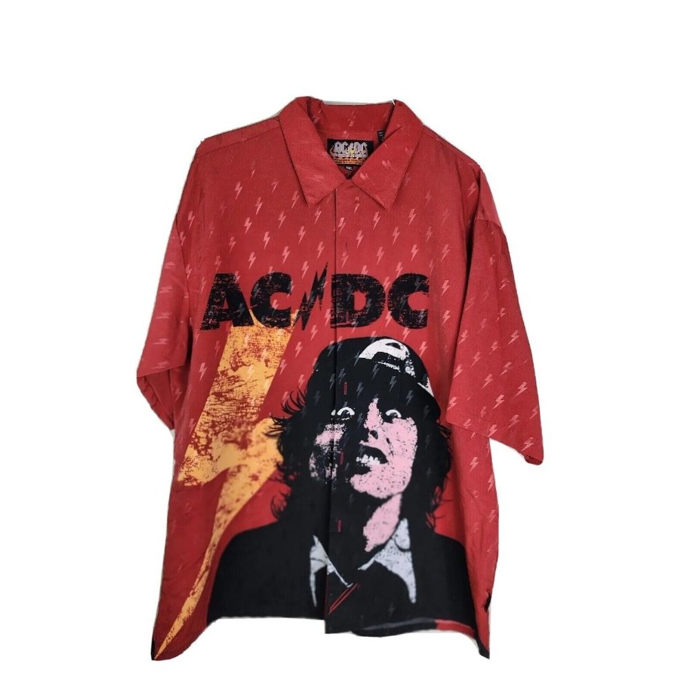 VTG AC/DC Rockware Men XXL -All Over Print- Button Poly Bowling Shirt EUC acdc
